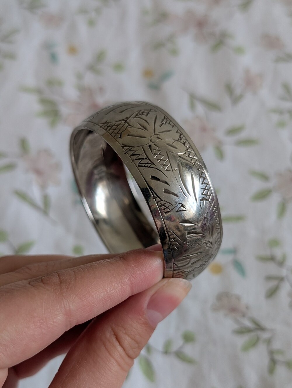 Vintage Engraved Silver-Tone Floral Cuff Bracelet